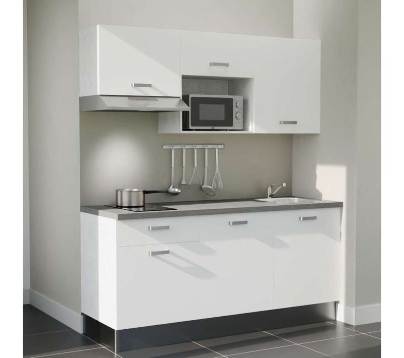 Kitchenette K30l-pt - 180 Cm-façade Blanc-plan Gris Béton-evier Inox-crédences Non+electro Inox