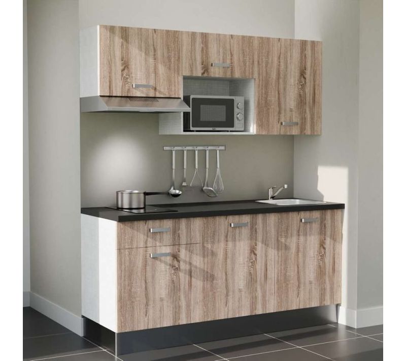 Kitchenette K30l-pt - 180 Cm-façade Bois-plan Noir Texturé-evier Inox-crédences Non+electro Inox