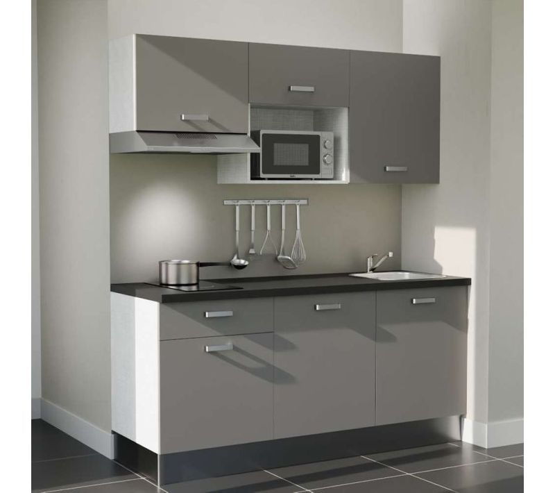 Kitchenette K30 - Façades : Gris - Plan Travail : Noir Texturé - Crédences : Non - électro : Inox