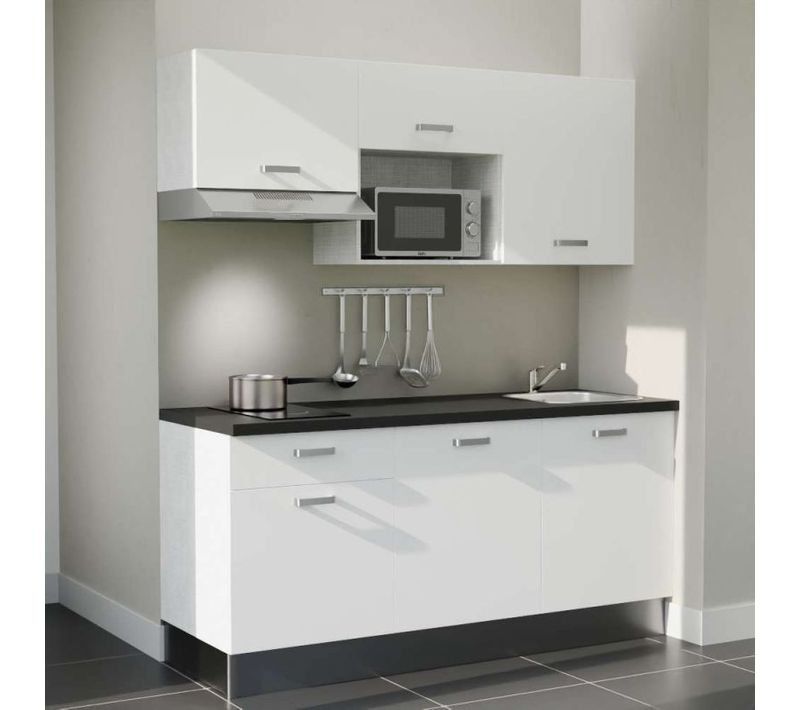 Kitchenette K30 - Façades : Blanc - Plan Travail : Noir Texturé - Crédences : Non - électro : Inox