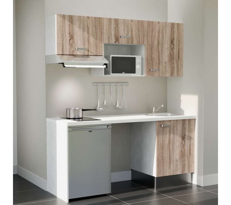 Kitchenette K55 - Façades : Bois - Plan Travail : Blanc - Crédences : Non - électro : Inox
