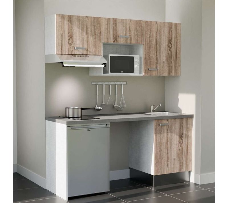 Kitchenette K55 - Façades : Bois - Plan Travail : Gris Béton - Crédences : Non - électro : Inox