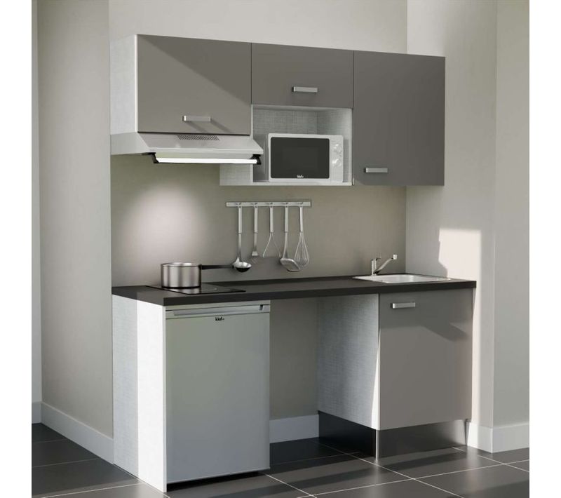 Kitchenette K55 - Façades : Gris - Plan Travail : Noir Texturé - Crédences : Non - électro : Inox