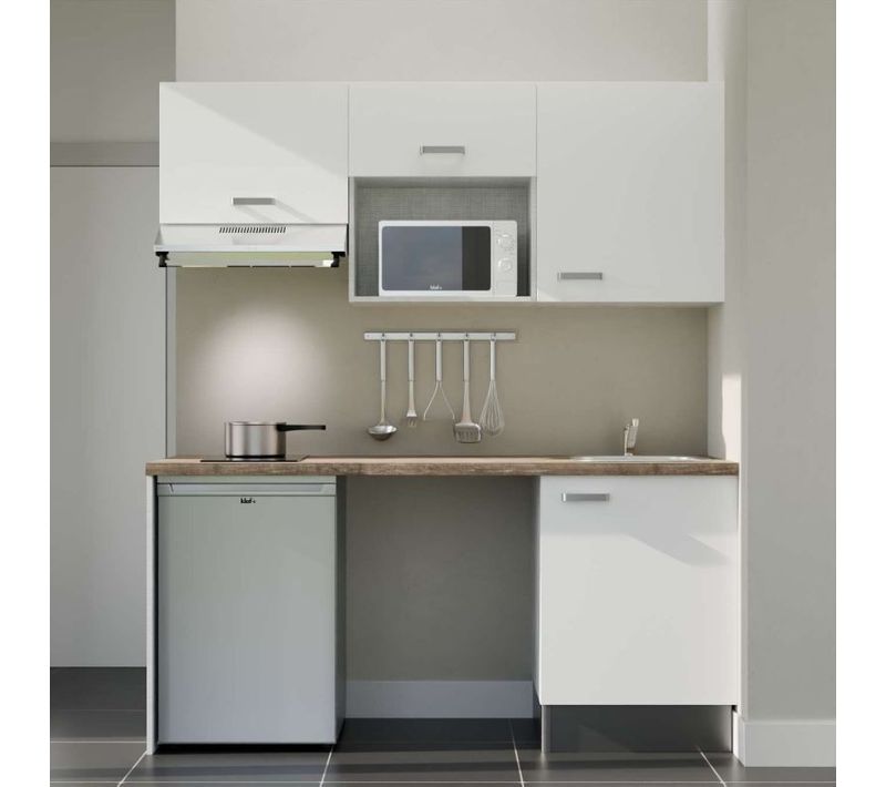 Kitchenette K55 - Façades : Blanc - Plan Travail : Bois - Crédences : Non - électro : Inox