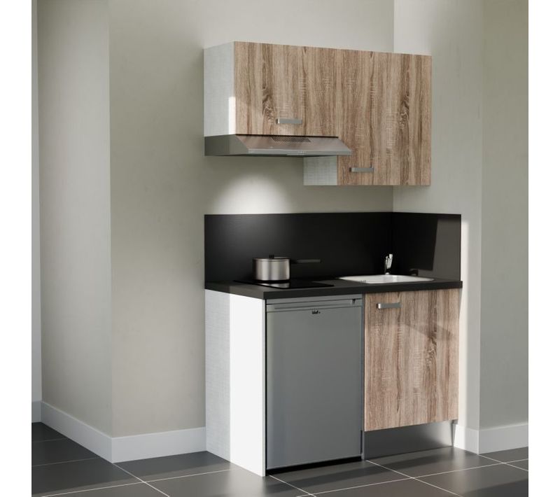 Kitchenette K01l-pt - 120 Cm-façade Bois-plan Noir Texturé-evier Inox-crédences Oui+electro Inox