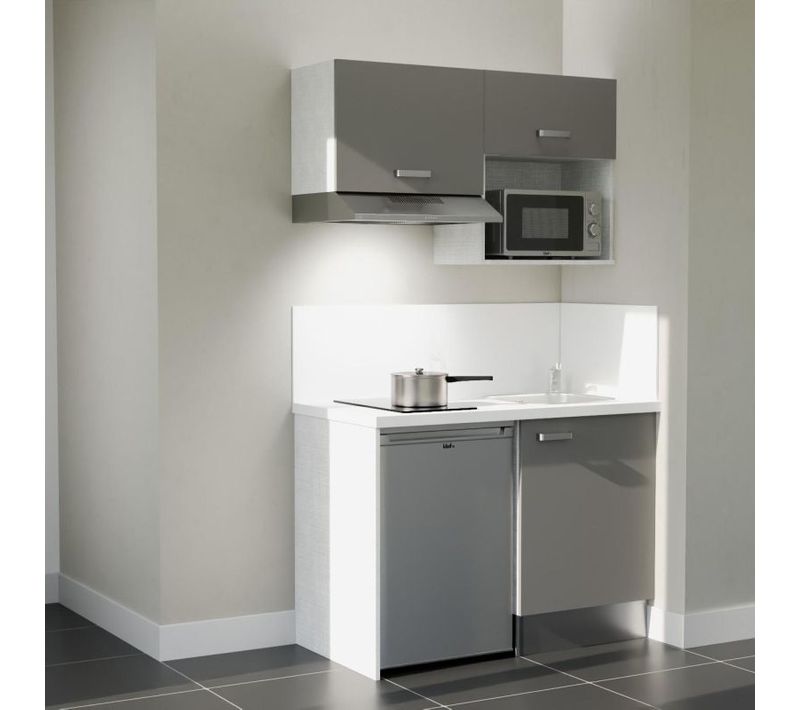 Kitchenette K02 - Façades : Gris - Plan Travail : Blanc - Crédences : Oui - électro : Inox