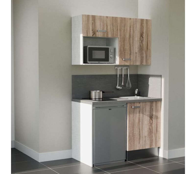 Kitchenette K07 - Façades : Bois - Plan Travail : Gris Béton - Crédences : Oui - électro : Inox