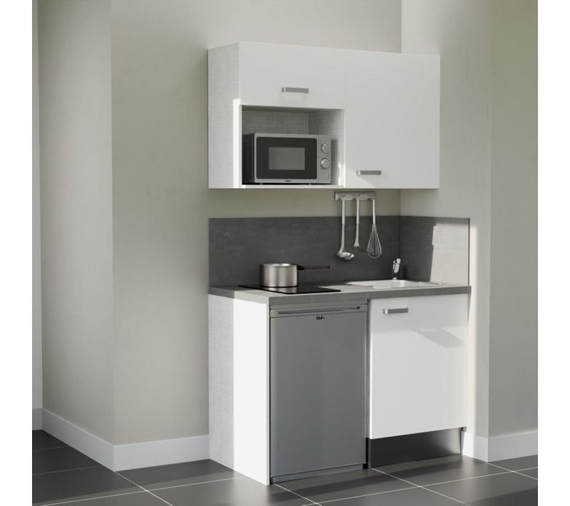 Kitchenette K07 - Façades : Blanc - Plan Travail : Gris Béton - Crédences : Oui - électro : Inox