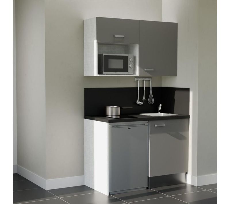 Kitchenette K07l-pt - 120 Cm-façade Gris-plan Noir Texturé-evier Inox-crédences Oui+electro Inox