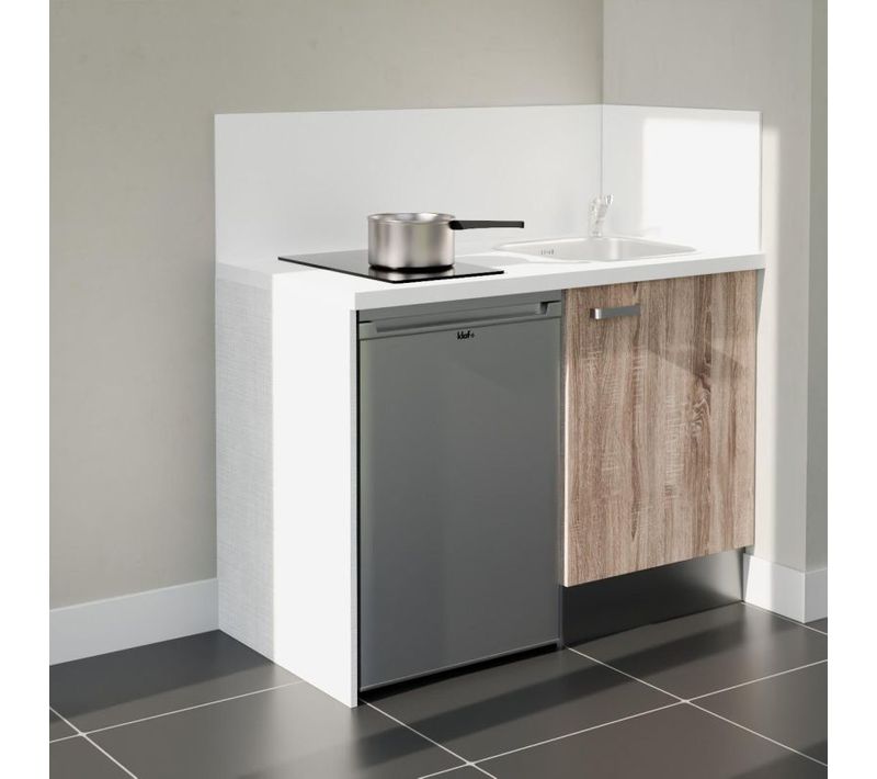 Kitchenette K08 - Façades : Bois - Plan Travail : Blanc - Crédences : Oui - électro : Inox