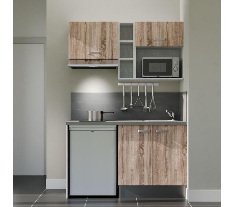 Kitchenette K13 - Façades : Bois - Plan Travail : Gris Béton - Crédences : Oui - Électro : Inox