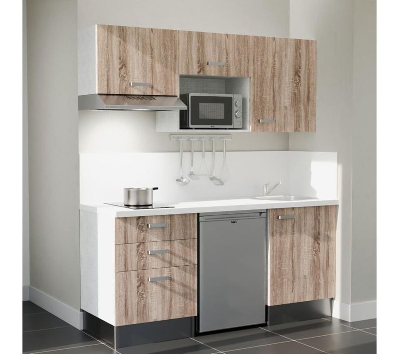 Kitchenette K20 - Façades : Bois - Plan Travail : Blanc - Crédences : Oui - électro : Inox