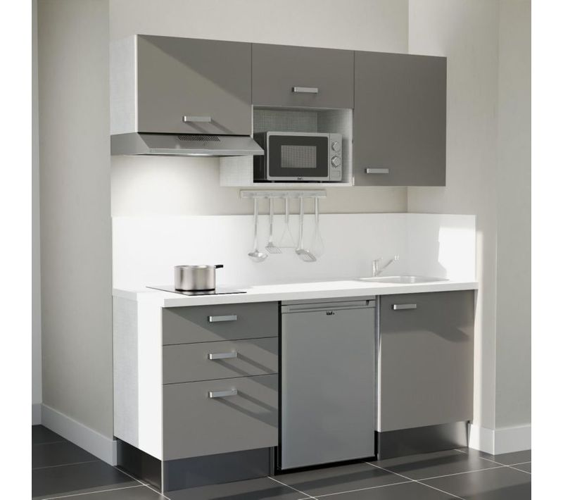 Kitchenette K20 - Façades : Gris - Plan Travail : Blanc - Crédences : Oui - électro : Inox
