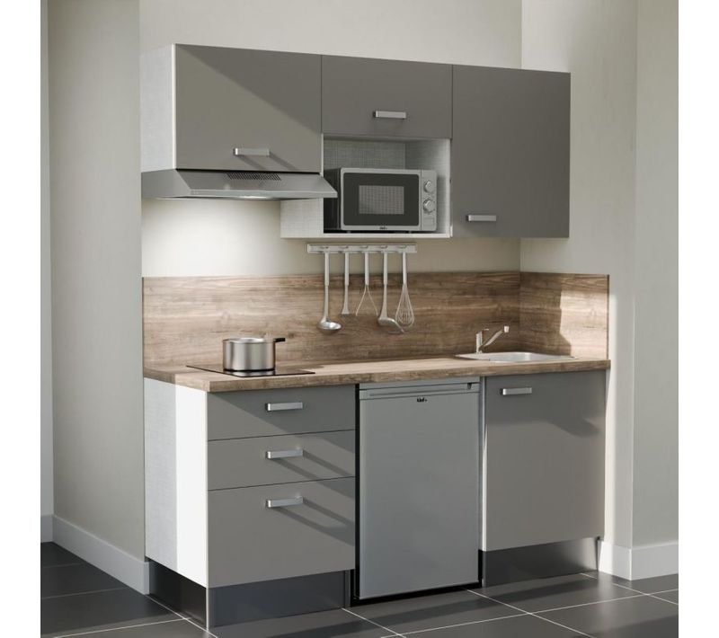 Kitchenette K20 - Façades : Gris - Plan Travail : Bois - Crédences : Oui - électro : Inox