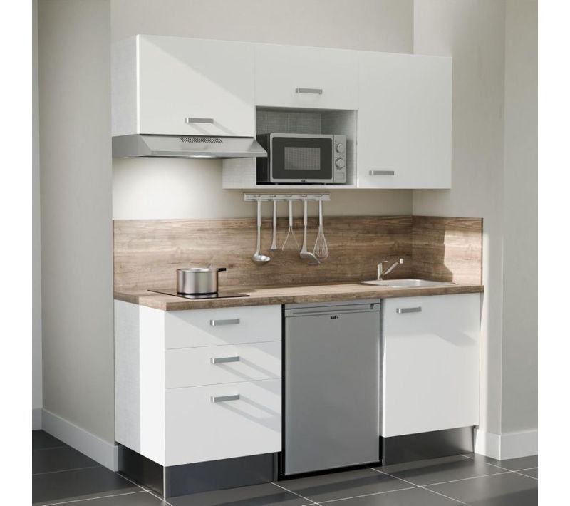 Kitchenette K20 - Façades : Blanc - Plan Travail : Bois - Crédences : Oui - électro : Inox
