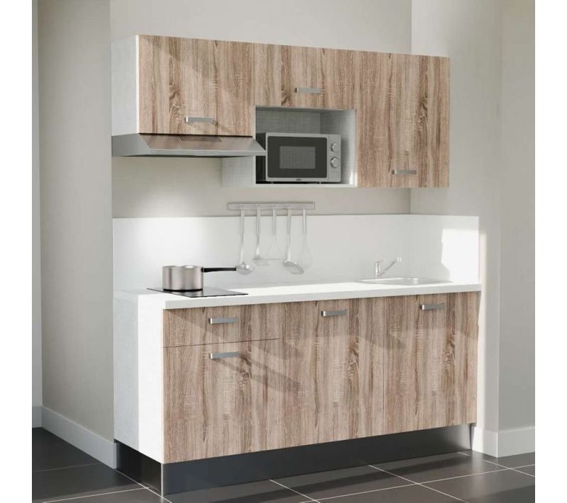 Kitchenette K30 - Façades Bois - Plan Stratifié Blanc - Crédences : Oui - Électroménager Inox Inclus