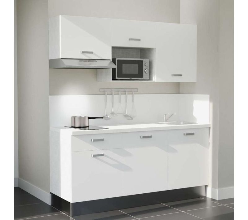 Kitchenette K30l-pt - 180 Cm-façade Blanc-plan Blanc-evier Inox-crédences Oui+electro Inox