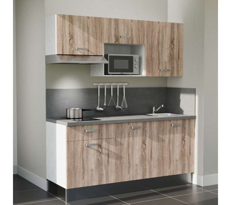 Kitchenette K30l-pt - 180 Cm-façade Bois-plan Gris Béton-evier Inox-crédences Oui+electro Inox