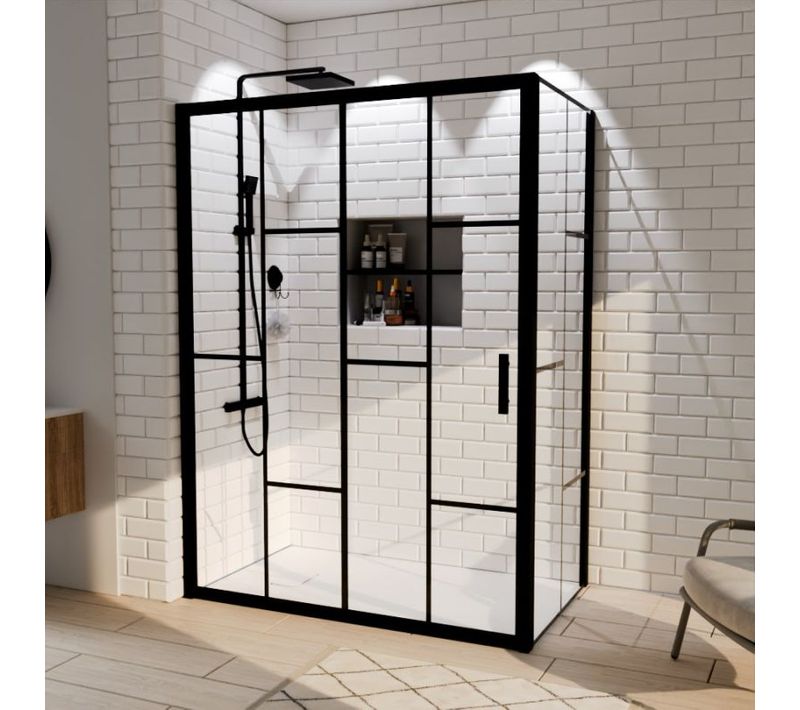 Paroi De Douche D'angle Effet Verrière Atelia Avec Porte Coulissante 140 Cm X 80 Cm