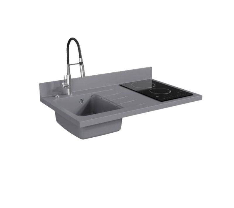 Plan De Travail Monobloc Planiquartz Avec Évier - 100 Cm - Cromo - Évier à Gauche - Vitrocéramique