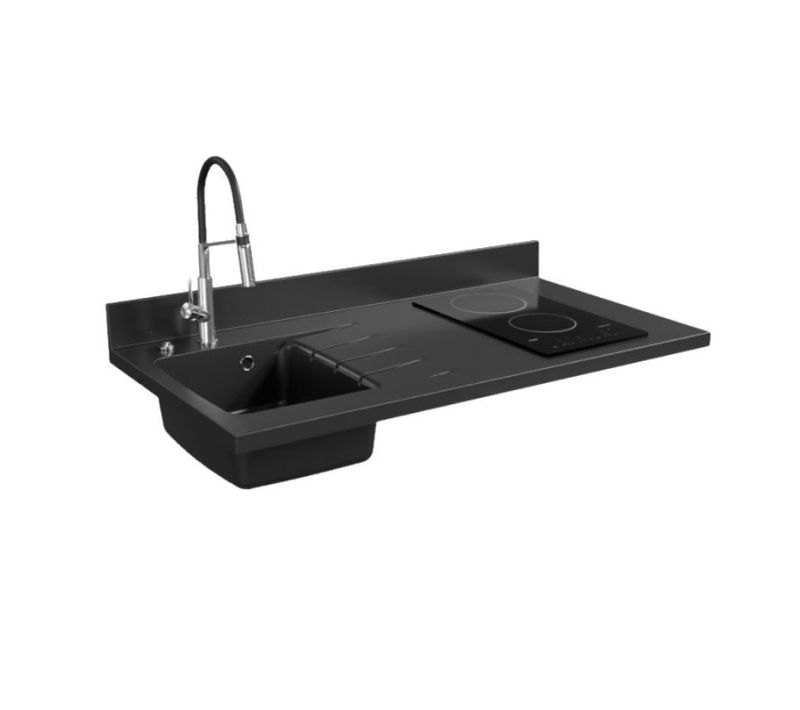 Plan De Travail Monobloc Planiquartz Avec Évier - 120 Cm - Nero - Évier à Gauche - Vitrocéramique