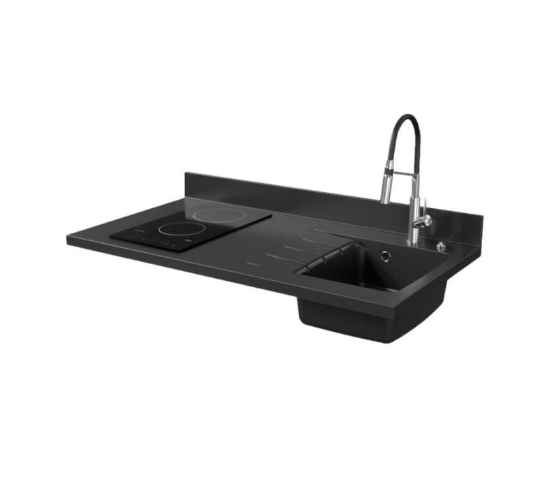 Plan De Travail Monobloc Planiquartz Avec Évier - 120 Cm - Nero - Évier à Droite - Vitrocéramique