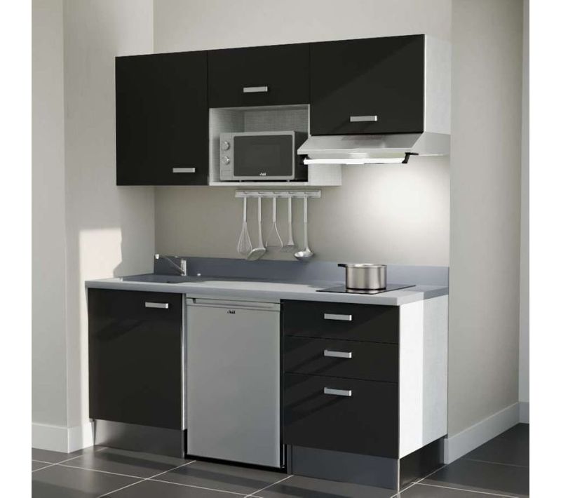 Kitchenette K20l - 180 Cm - Emplacements Frigo, Micro-onde Noir - Cromo - Évier à Gauche
