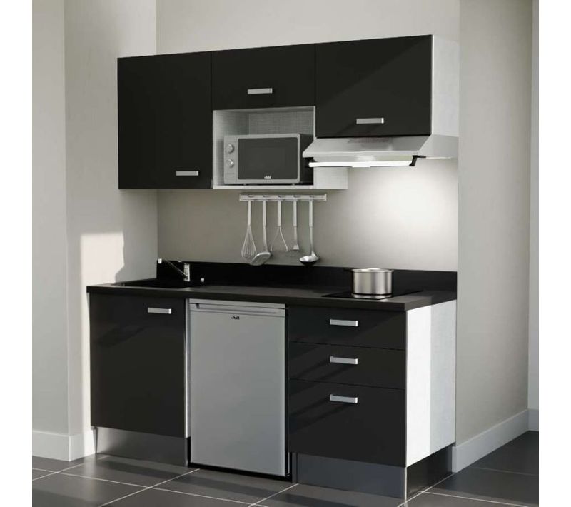 Kitchenette K20l - 180 Cm - Emplacements Frigo, Micro-onde Noir - Nero - Évier à Gauche