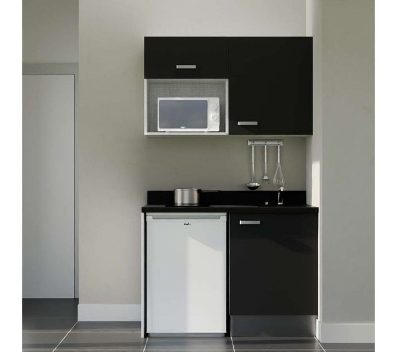 Kitchenette K07 - Noir - Plan Monobloc Nero évier à Droite - Electroménager Blanc Inclus