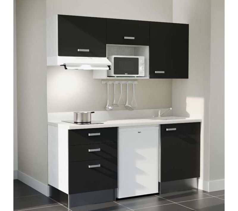 Kitchenette K20 - Noir - Plan Monobloc Snova Évier à Droite - Electroménager Blanc Inclus