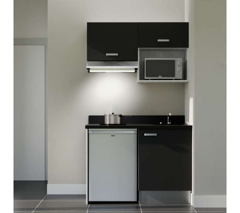 Kitchenette K02 - Noir - Plan Monobloc Nero Évier à Droite - Electroménager Inox Inclus