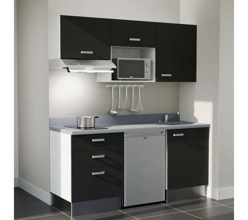 Kitchenette K20 - Noir - Plan Monobloc Cromo évier à Droite - Electroménager Inox Inclus