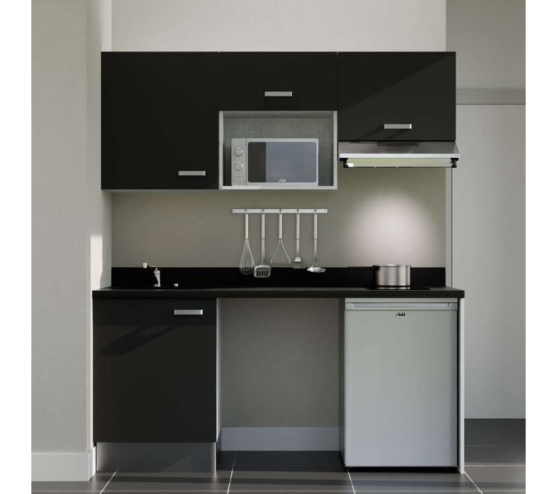 Kitchenette K55 - Noir - Plan Monobloc Nero évier à Gauche - Electroménager Inox Inclus