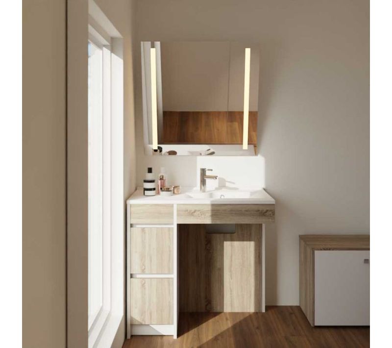 Meuble Salle De Bain Pmr Andy Plus 90 Cm Bois Et Blanc + Miroir Motory - Vasque à Droite