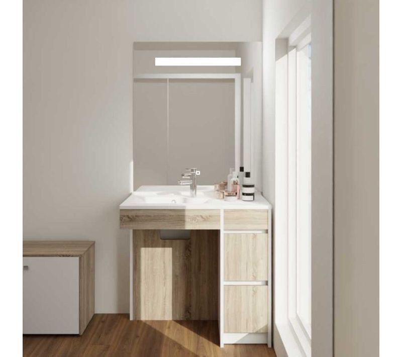 Meuble Salle De Bain Pmr Andy Plus 90 Cm Bois Et Blanc + Miroir Eleg Plus - Vasque à Gauche
