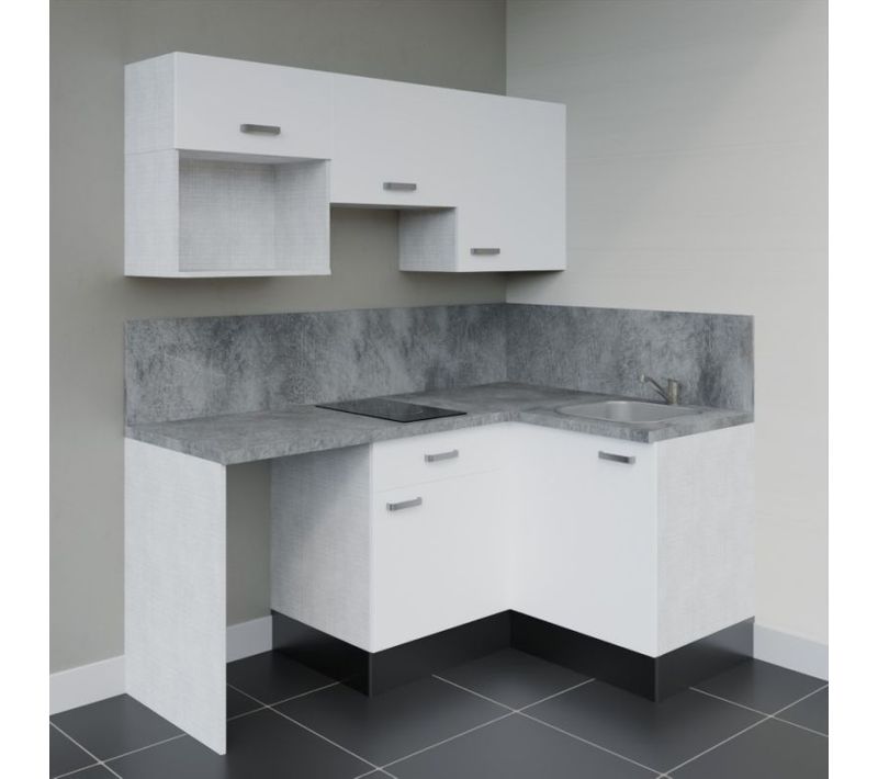 Kitchenette Ka03 - Blanc - Plan Stratifié Gris Béton - Crédences : Oui - Evier