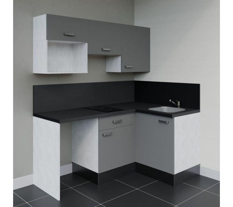 Kitchenette Ka03 - Gris - Plan Stratifié Noir Texturé - Crédences : Oui - Evier