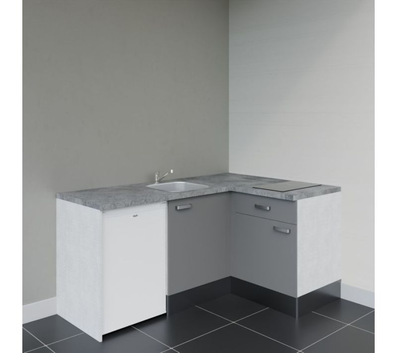 Kitchenette Ka01 - Façades : Gris - Plan Travail : Gris Béton - Crédences : Non - Électro : Blanc