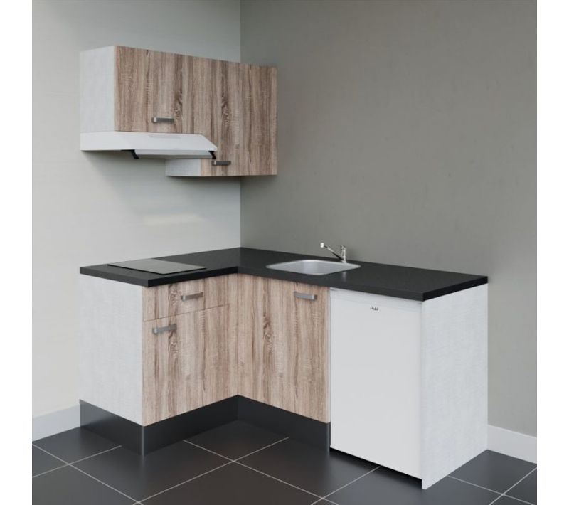 Kitchenette Ka02 - Façades : Bois - Plan Travail : Noir Texturé - Crédences : Non - électro : Blanc