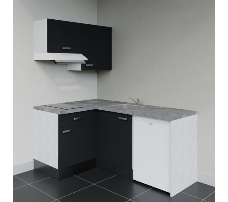 Kitchenette Ka02 - Façades : Noir - Plan Travail : Gris Béton - Crédences : Non - Électro : Blanc