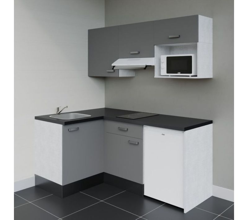 Kitchenette Ka03 - Façades : Gris - Plan Travail : Noir Texturé - Crédences : Non - électro : Blanc