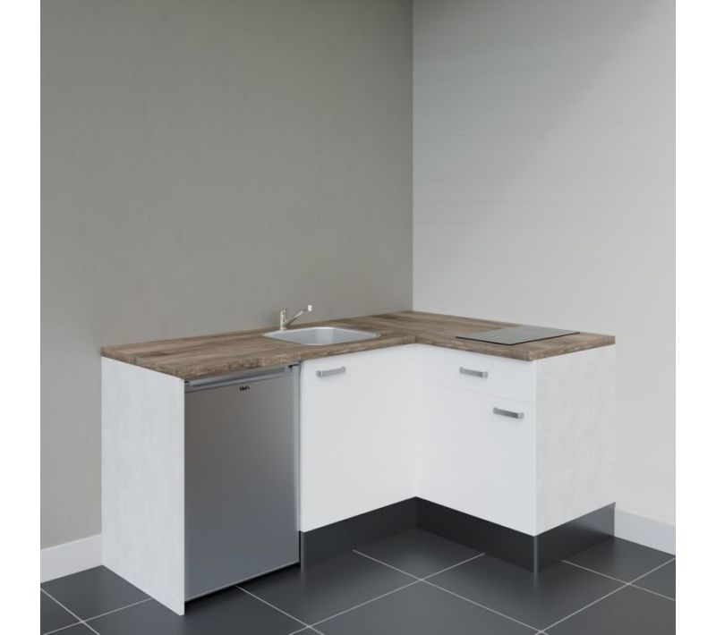 Kitchenette Ka01 - Façades : Blanc - Plan Travail : Bois - Crédences : Non - électro : Inox