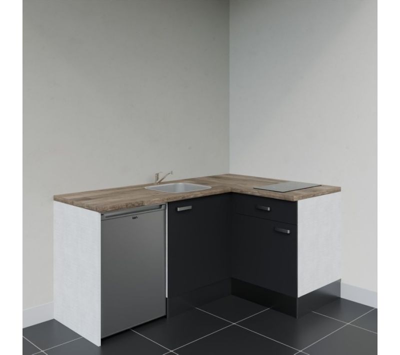 Kitchenette Ka01 - Façades : Noir - Plan Travail : Bois - Crédences : Non - électro : Inox