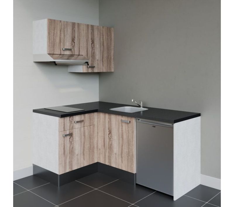 Kitchenette Ka02 - Façades : Bois - Plan Travail : Noir Texturé - Crédences : Non - électro : Inox