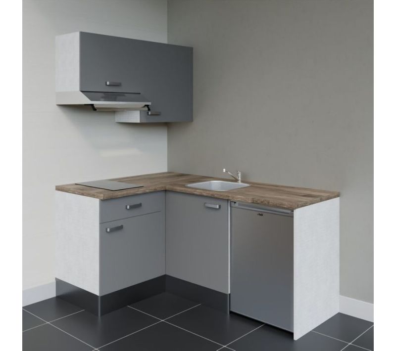 Kitchenette Ka02 - Façades : Gris - Plan Travail : Bois - Crédences : Non - électro : Inox