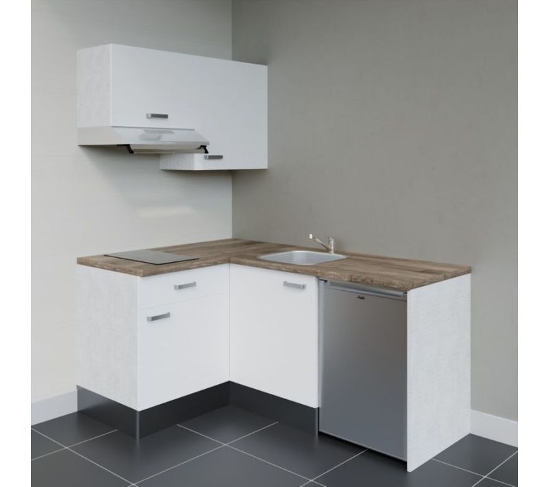 Kitchenette Ka02 - Façades : Blanc - Plan Travail : Bois - Crédences : Non - Électro : Inox