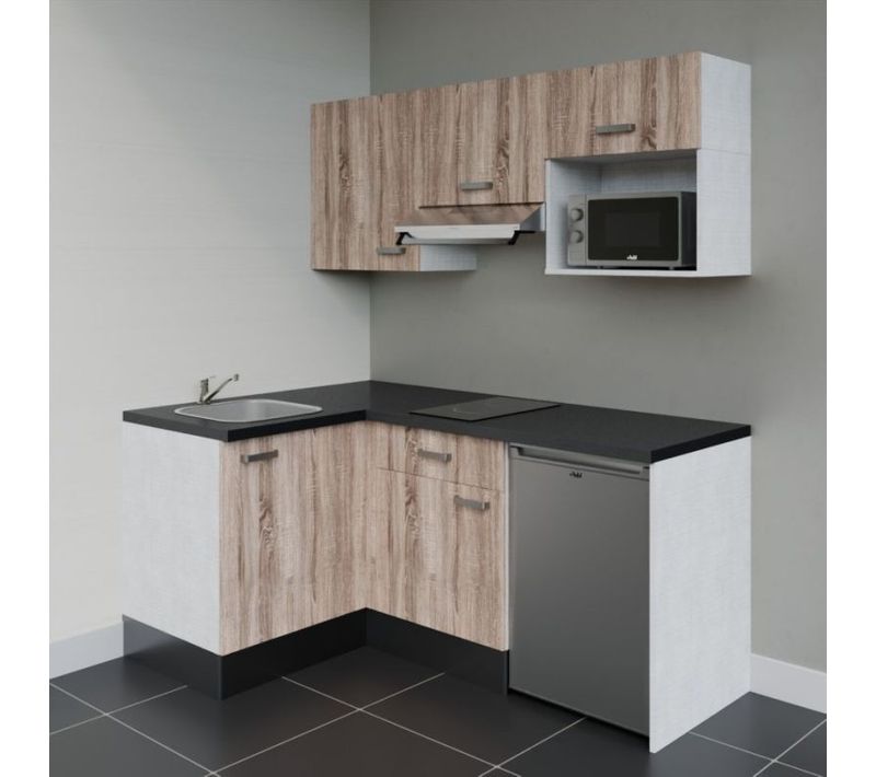 Kitchenette Ka03 - Façades : Bois - Plan Travail : Noir Texturé - Crédences : Non - électro : Inox