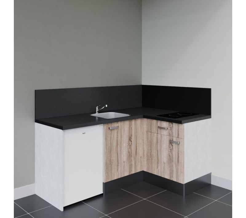 Kitchenette Ka01 - Façades : Bois - Plan Travail : Noir Texturé - Crédences : Oui - Électro : Blanc
