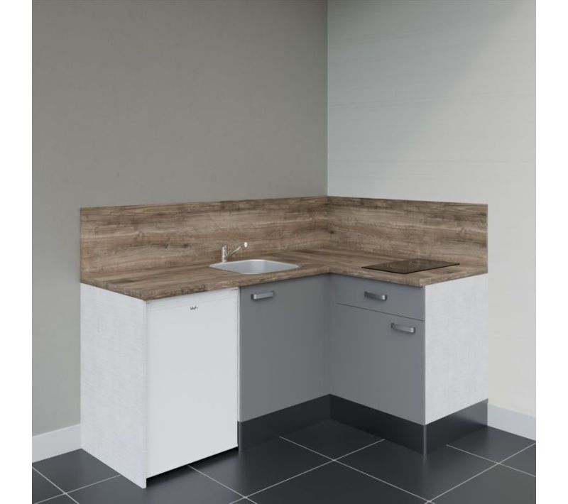 Kitchenette Ka01 - Façades : Gris - Plan Travail : Bois - Crédences : Oui - électro : Blanc