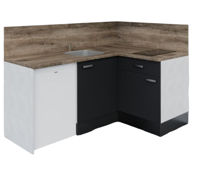 Kitchenette Ka02 - Façades : Noir - Plan Travail : Bois - Crédences : Oui - Électro : Blanc